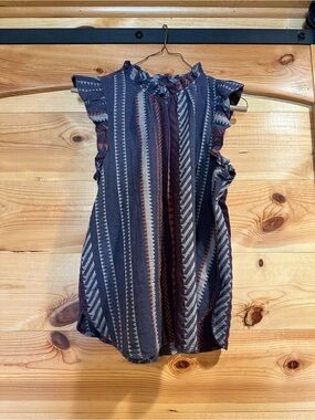 LOFT Navy and Rust Striped Ruffle Sleeve Blouse